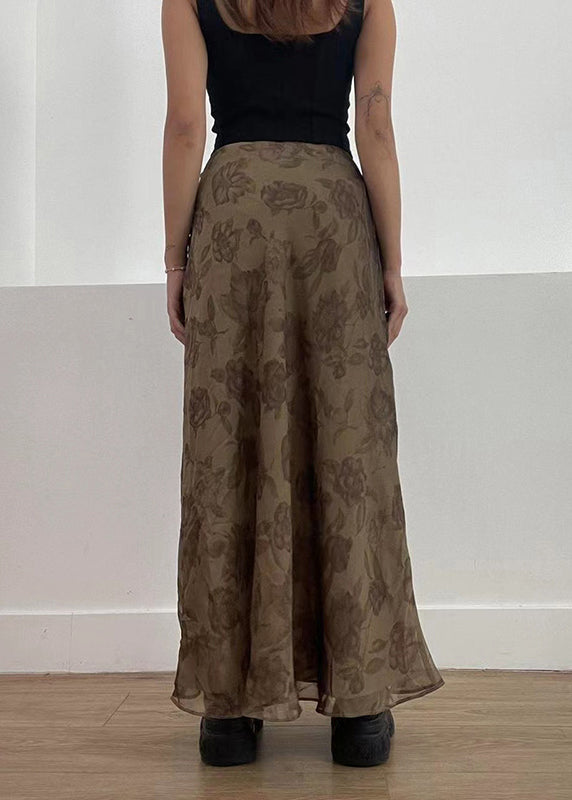 Women Brown Print High Waist Patchwork Tulle Maxi Skirts Fall