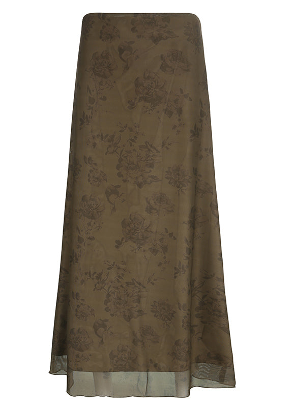 Women Brown Print High Waist Patchwork Tulle Maxi Skirts Fall