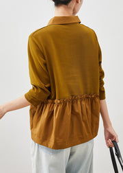 Women Brown Ruffled Patchwork Cotton Shirts Spring