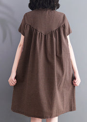 Women Brown Ruffled Plaid Linen A Line Dress Summer