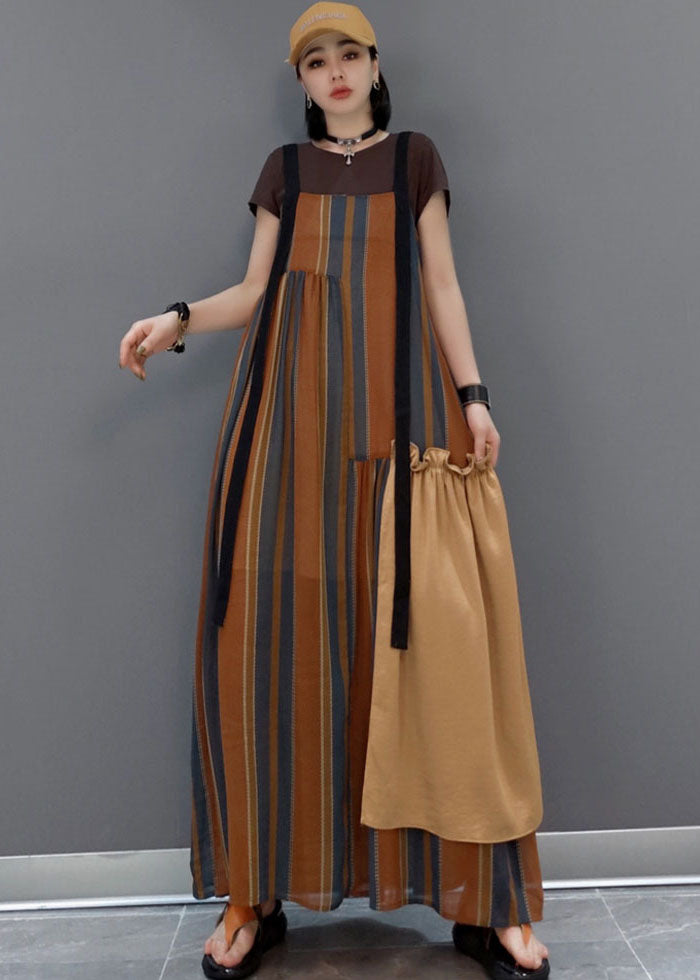 Women Brown Striped Patchwork a line skirts Short Sleeve Dresses