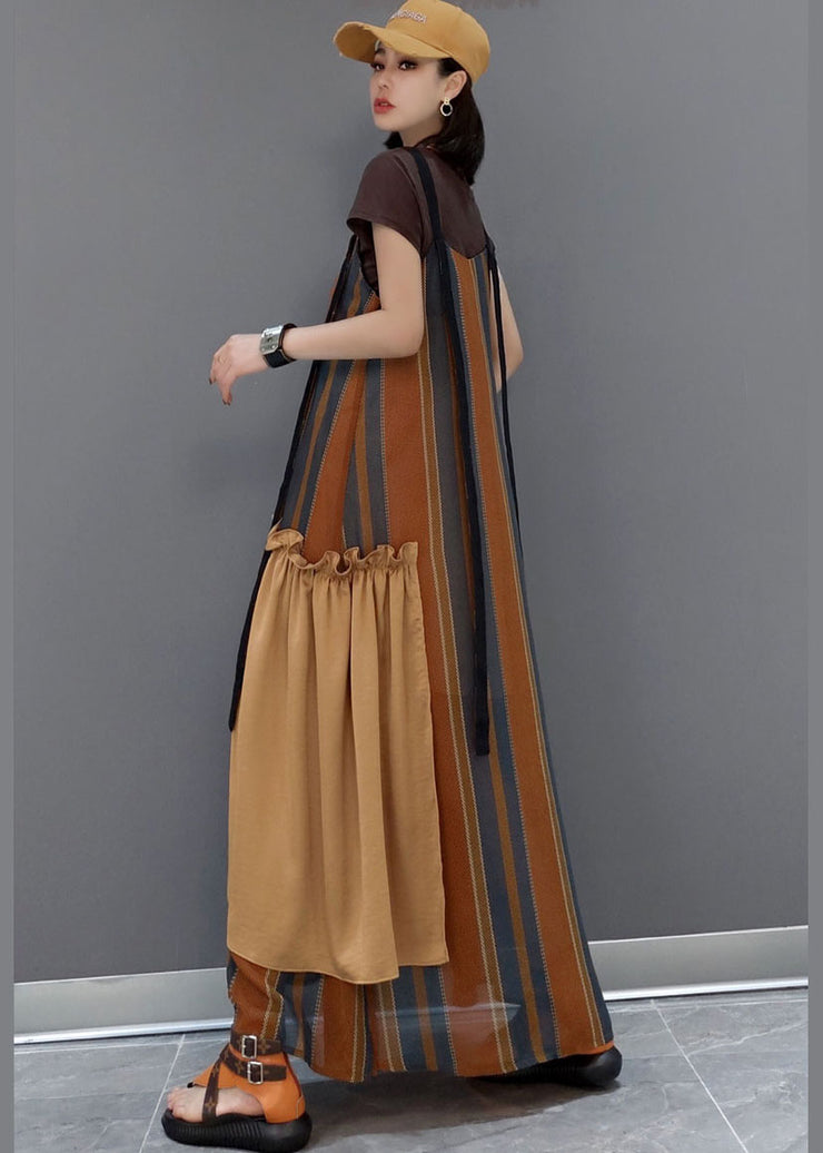 Damen braun gestreifte Patchwork-Röcke in einer Linie Kurzarmkleider