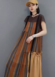 Women Brown Striped Patchwork a line skirts Short Sleeve Dresses
