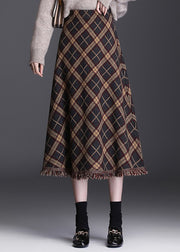 Women Brown Tasseled Plaid Knit Skirts Winter