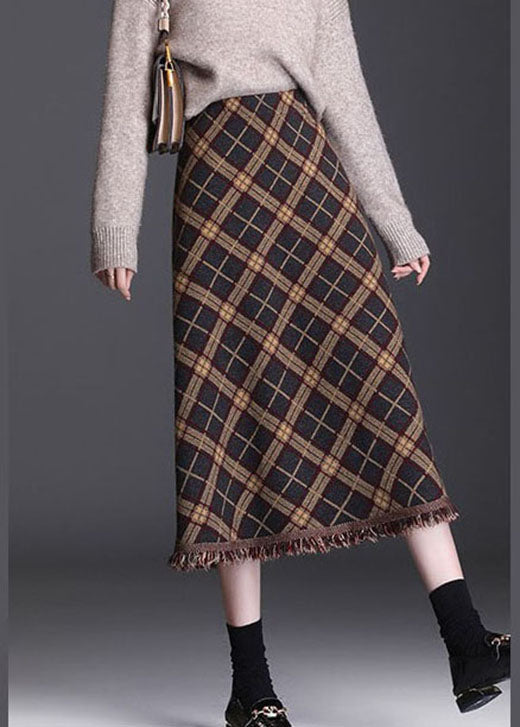 Women Brown Tasseled Plaid Knit Skirts Winter