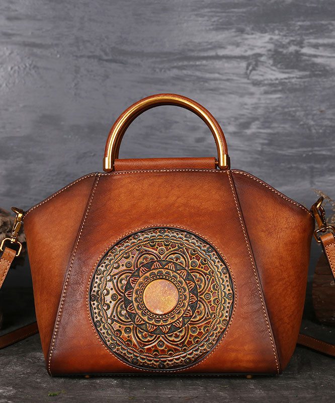 Women Brown The Sunflowers Embossing Calf Leather Tote Handbag