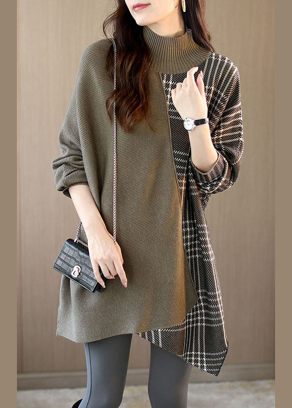 Women Brown Turtleneck Patchwork Plaid Casual Fall Sweater