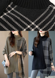 Women Brown Turtleneck Patchwork Plaid Casual Fall Sweater