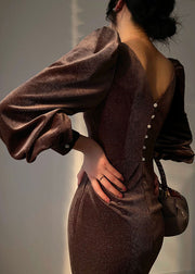 Women Brown V Neck Button Wraped Silk Velour Dresses Vestidos Long Sleeve