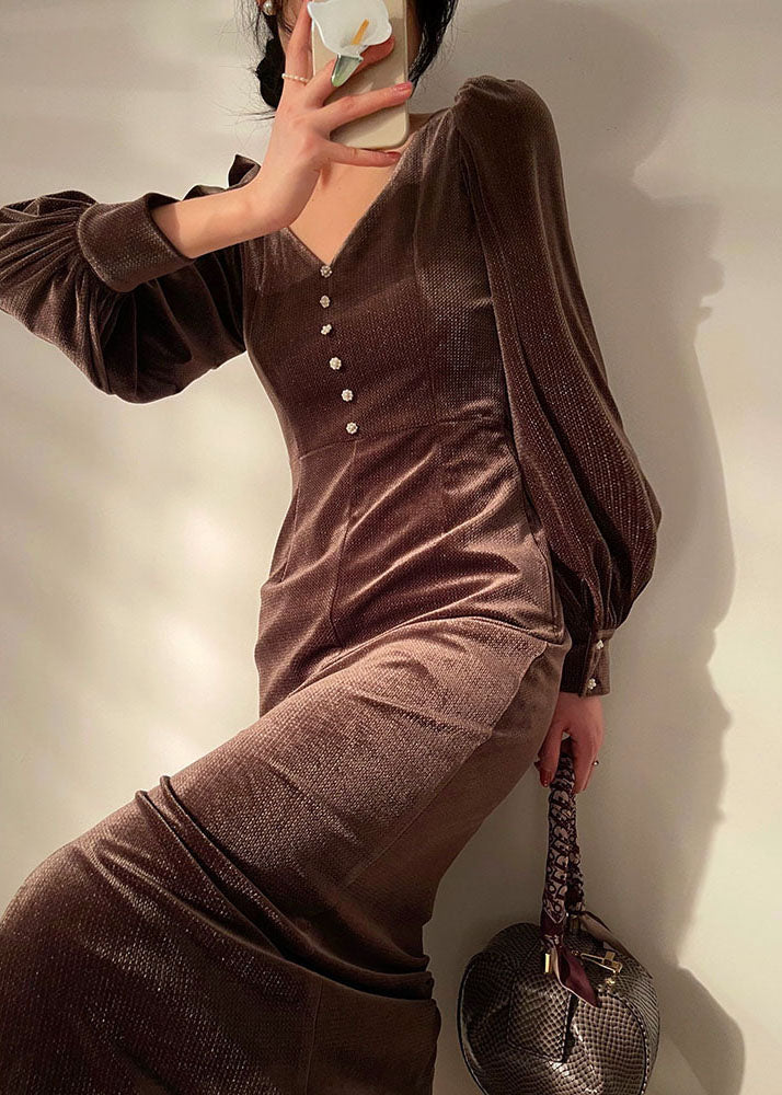 Women Brown V Neck Button Wraped Silk Velour Dresses Vestidos Long Sleeve