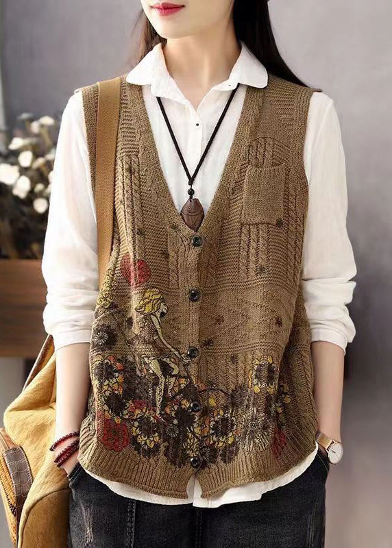 Women Brown V Neck Print Button Cotton Knit Waistcoat Sleeveless