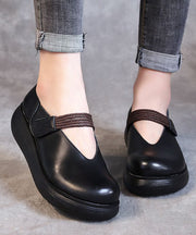 Women Buckle Strap High Wedge Heels Shoes Black Cowhide Leather