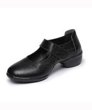 Women Buckle Strap Splicing Chunky Black Cowhide Leather Dance Shoes