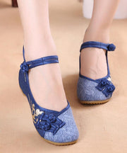 Women Buckle Strap Wedge High Wedge Heels Shoes Blue Oriental Cotton Fabric - SooLinen