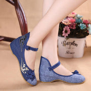 Women Buckle Strap Wedge High Wedge Heels Shoes Blue Oriental Cotton Fabric - SooLinen