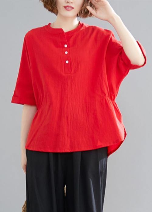 Women Button Down elastic waist linen shirts women red Art blouses - SooLinen
