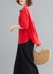 Women Button Down elastic waist linen shirts women red Art blouses - SooLinen