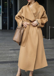 Women Camel Colour Peter Pan Collar Pockets Woolen Coat Long Sleeve