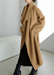 Women Camel Colour Peter Pan Collar Pockets Woolen Coat Long Sleeve
