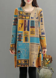 Women Camel O Neck Print Patchwork Warm Fleece Mid Dress Winter