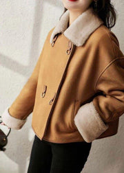 Women Camel Peter Pan Collar Pockets Warm Fleece Faux Suede Coat Long Sleeve