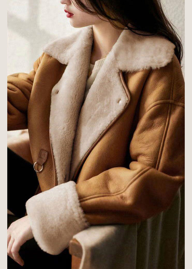 Women Camel Peter Pan Collar Pockets Warm Fleece Faux Suede Coat Long Sleeve