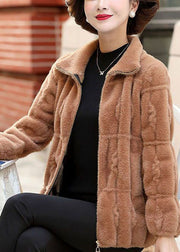 Women Camel Solid Color Collar Zip Up Mink Hair Knitted Coats Winter