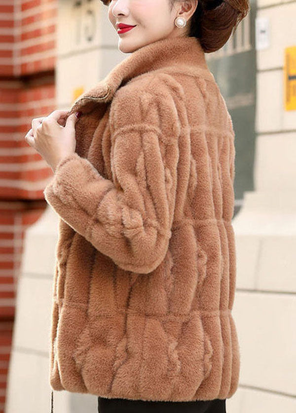 Women Camel Solid Color Collar Zip Up Mink Hair Knitted Coats Winter