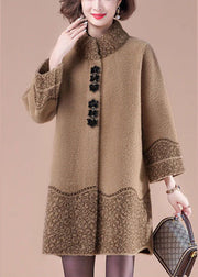 Women Camel Stand Collar Pockets Print Mink Hair Knitted Jackets Winter