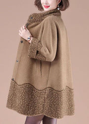 Women Camel Stand Collar Pockets Print Mink Hair Knitted Jackets Winter