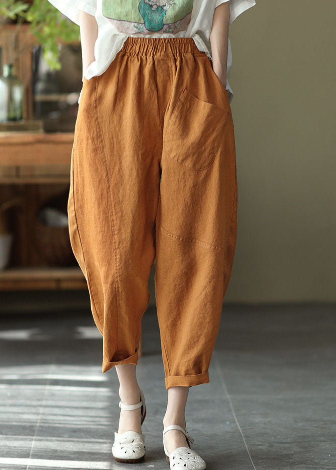 Women Caramel High Waist Solid Color Linen Harem Pants Summer