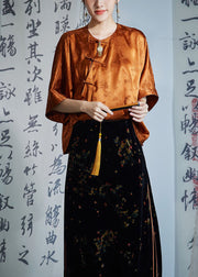 Women Caramel O-Neck Oriental Button Side Open Jacquard Silk Shirt Half Sleeve