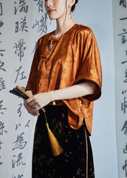 Frauen Karamell O-Neck orientalische Knopfseite offen Jacquard Seidenhemd halbe Ärmel