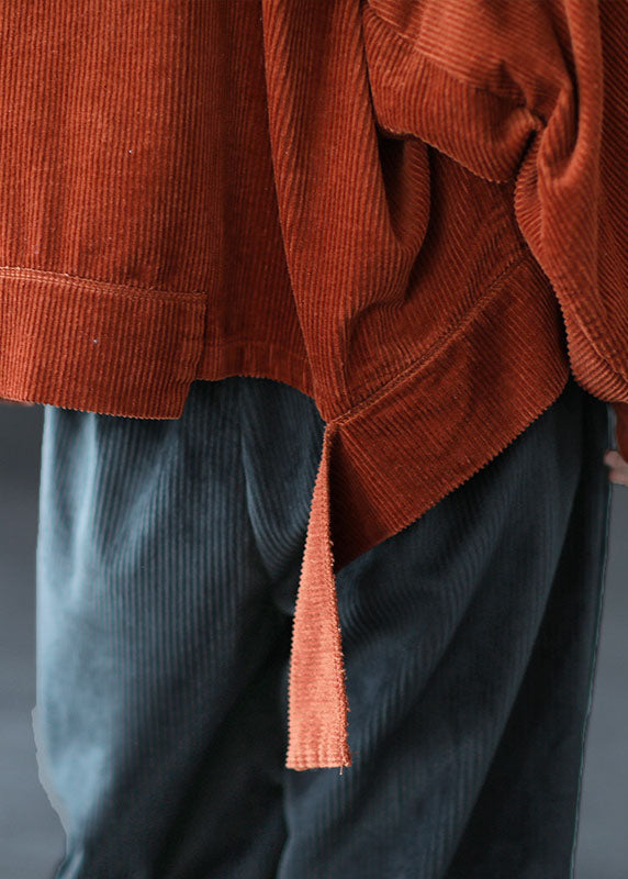 Frauen Karamell Taschen Knopf asymmetrisches Design Herbst Cord Mantel
