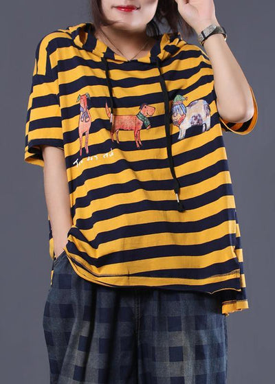 Women Cartoon print cotton top silhouette Neckline yellow striped shirt summer - SooLinen