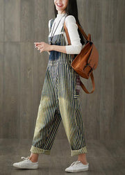Women Casual Cotton Minimalist Vertical Striped Vintage Full Length Jumpsuits - SooLinen