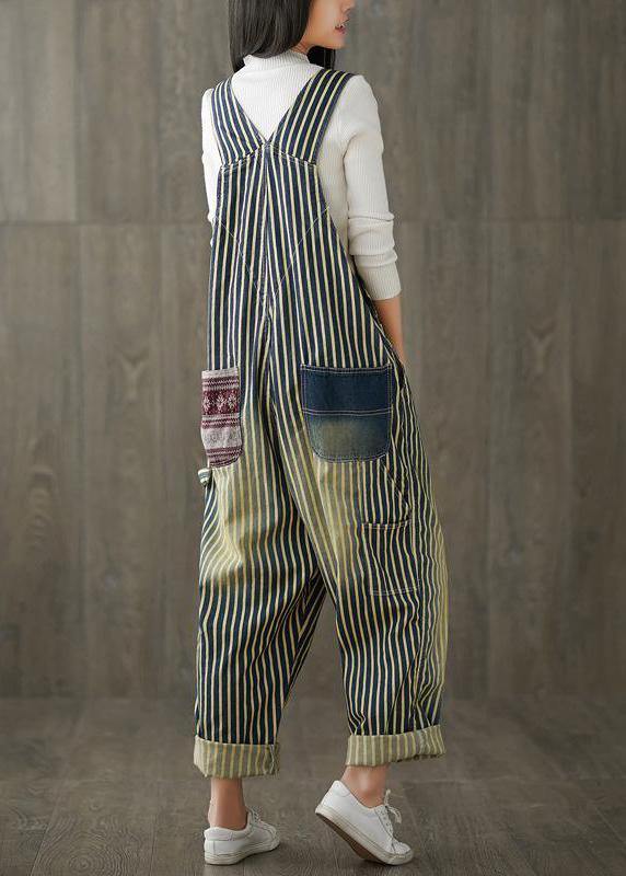 Women Casual Cotton Minimalist Vertical Striped Vintage Full Length Jumpsuits - SooLinen