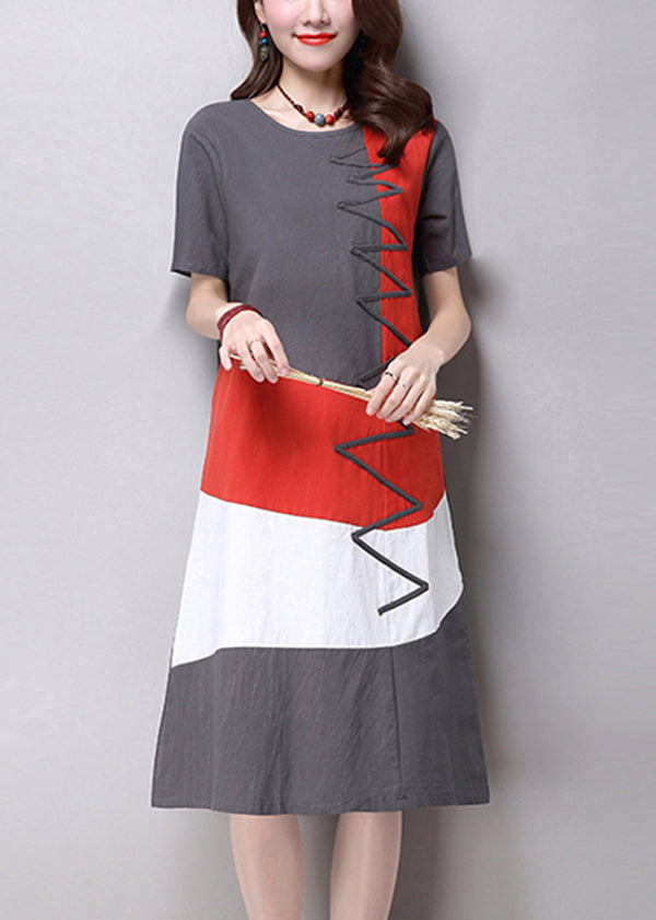 Women Casual Short Sleeve Splice Loose O-neck Mid Long Dress
