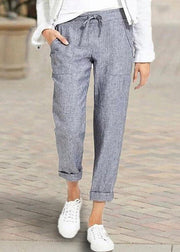 Women Casual Solid Color Elastic Waist Side Pockets Trouser Pants - SooLinen