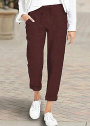 Women Casual Solid Color Elastic Waist Side Pockets Trouser Pants - SooLinen