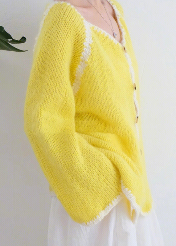 Women Casual Yellow O Neck Button Knit Cardigans Fall