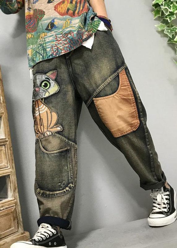 Women Cat Embroidery Patchwork Mid Waist Loose Denim Harem Jeans - SooLinen