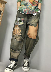 Women Cat Embroidery Patchwork Mid Waist Loose Denim Harem Jeans - SooLinen