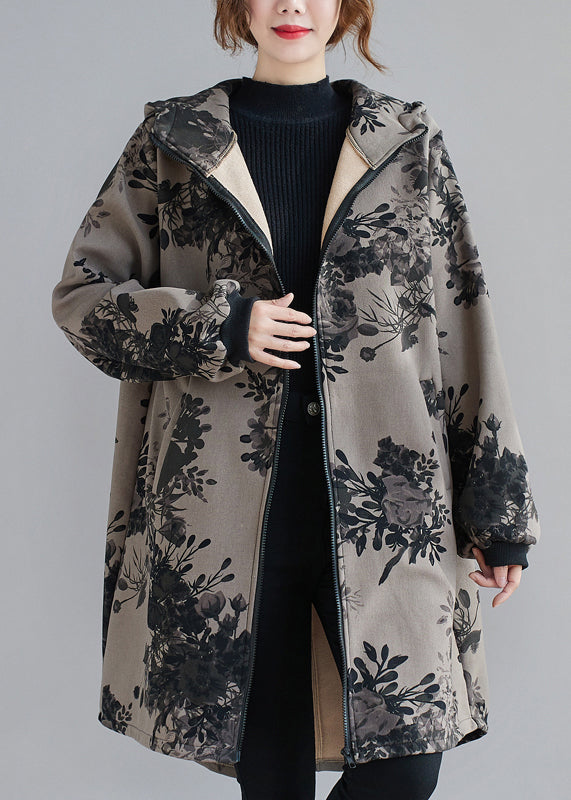 Women Charcoal Grey Hooded Print Pockets Patchwork Thick Coats Fall