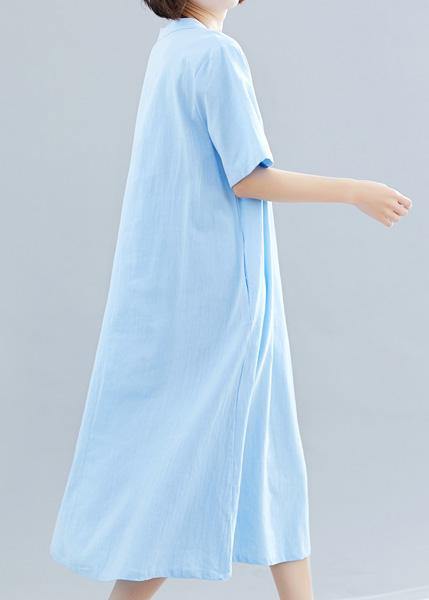 Women Chinese Button cotton Tunics Shape blue A Line Dress summer - SooLinen