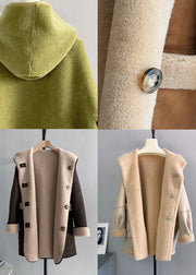Women Chocolate Button  Woolen Hoodie Coat Wear On Both Sides Winter