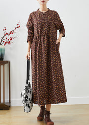 Women Chocolate Cinched Print Pockets Cotton Dresses Fall