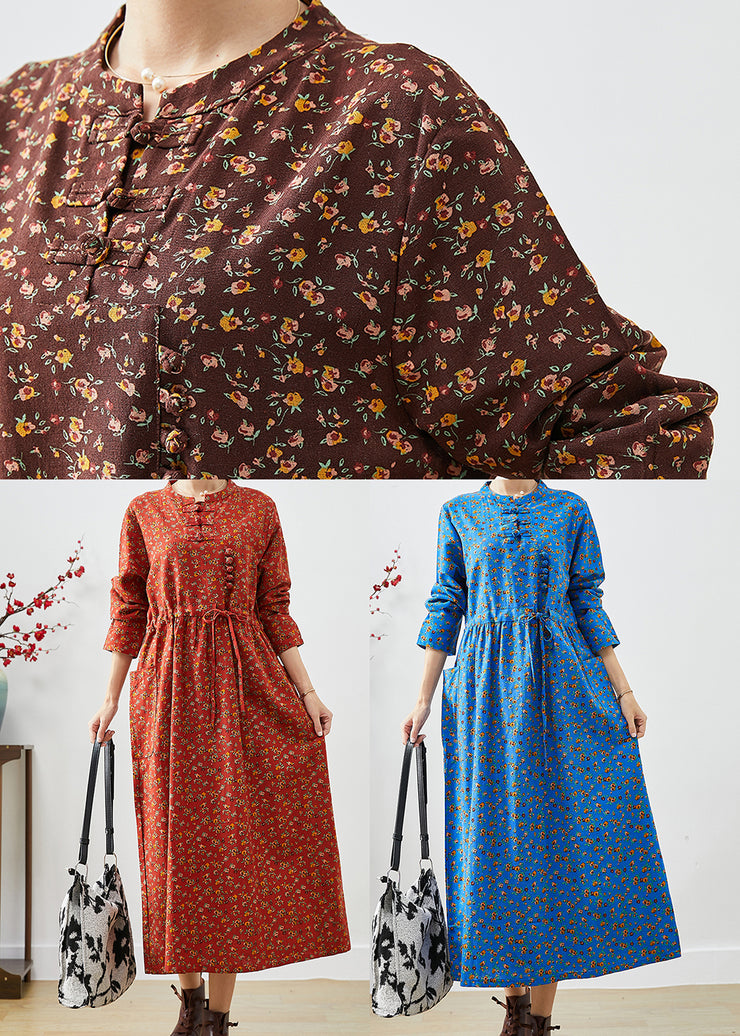 Women Chocolate Cinched Print Pockets Cotton Dresses Fall