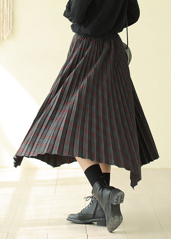 Women Chocolate Elastic Waist Asymmetrical Design Plaid Cotton Skirt Fall
