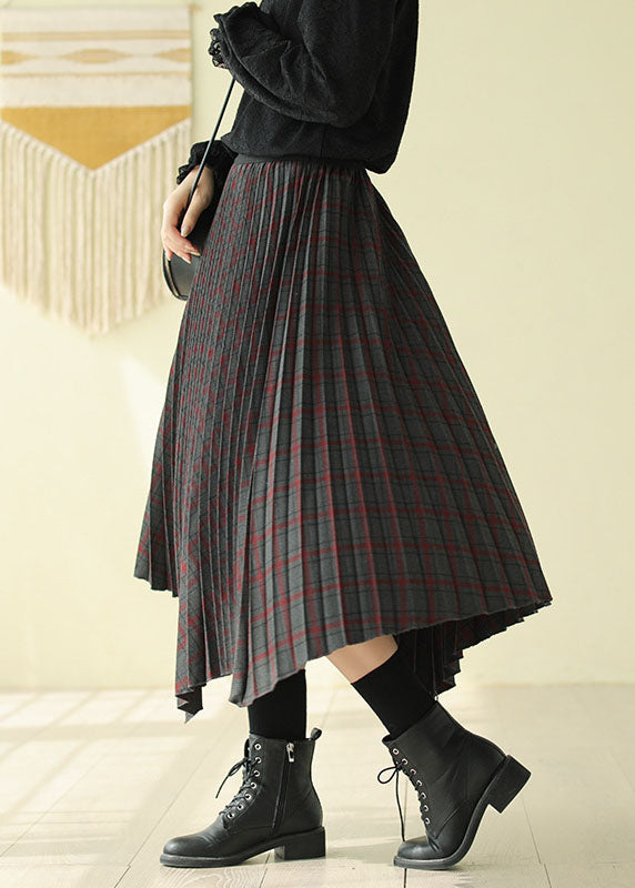 Women Chocolate Elastic Waist Asymmetrical Design Plaid Cotton Skirt Fall